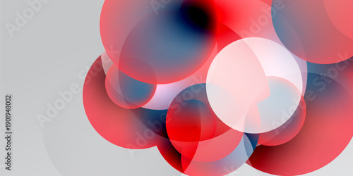 Abstract composition. Overlapping circles, red hues dominate, contrasted with white, blue, black background. Fluid shapes create dynamic visual effect.