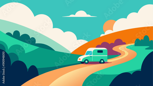 Campervan driving through scenic landscape
