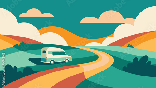 A camper van driving through countryside