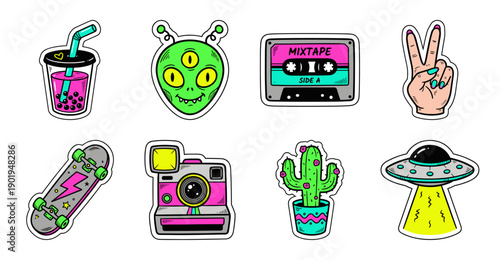 Retro Pop Culture Neon Sticker Set Vector