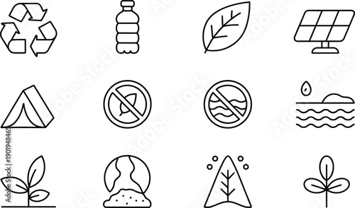 Set of eco and nature icons recycling bottle plant leaf earth wind turbine