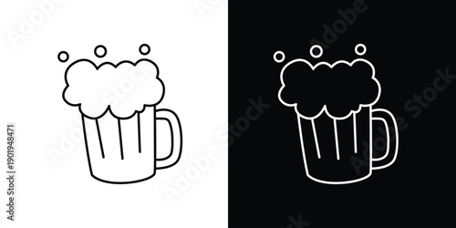 Minimalist outline vector icon of a frothy beer mug with bubbly foam, presented on contrasting backgrounds for versatile graphic design applications