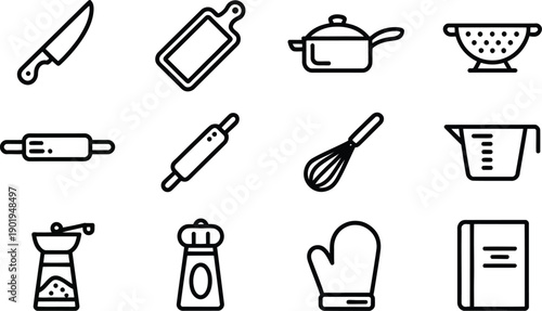 Set of kitchen utensil icons cooking knife cutting board pot colander whisk