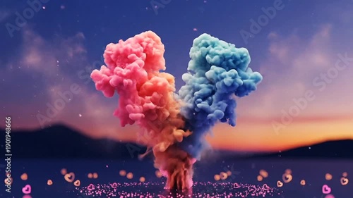 Abstract neon heart animation with pink and blue glowing love symbols, colorful smoke clouds  reflections on water, expressing romance, emotion, unity  modern digital art background