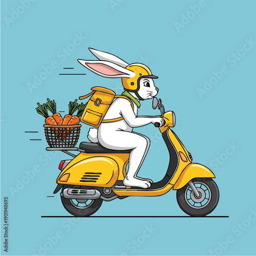 Cute cartoon rabbit riding a yellow scooter delivering fresh carrots.