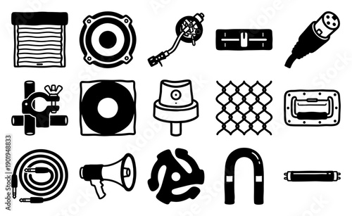 Hand-Drawn Underground DJ and Street Culture Icon Graphic Set for Industrial Music and Graffiti Art Design