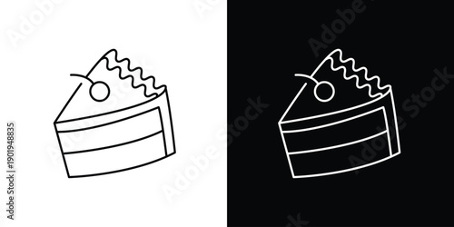Minimalist vector line art icon of a delicious cake slice with a cherry on top, perfect for bakery logos, dessert menus, and sweet treat illustrations