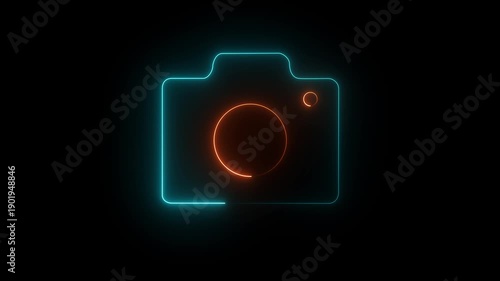 glowing neon camera icon isolated , recording, and film themes. Social media video camera icon for app. camera frame pictogram photograph animated