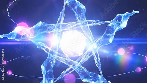 Abstract futuristic star animation with glowing geometric light structure, radiant energy beams and floating purple particles, creating a cosmic sci-fi motion background with symmetry and depth