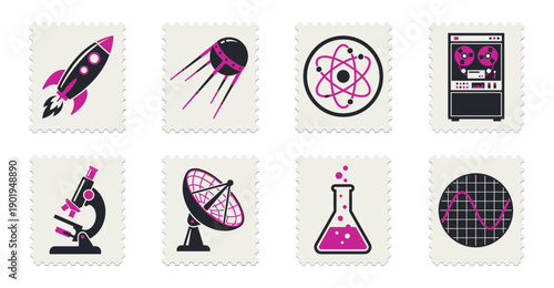 Minimalist Retro Science and Space Exploration Postage Stamp Set for Educational Technology and STEM Scrapbooking