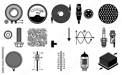 Flat Vector Audio Engineering and Electronic Component Graphic Set for Music Production Education