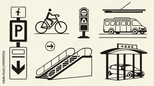Modern Transportation And Navigation Icon Set Black Silhouette Vector Collection