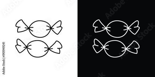 Single icon of two simple black and white line art illustrations of candies on contrasting backgrounds