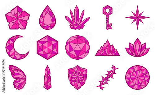 Flat Vector Pink Crystal Gemstone Element Kit for Fantasy RPG UI and Magical Game Asset Sheet
