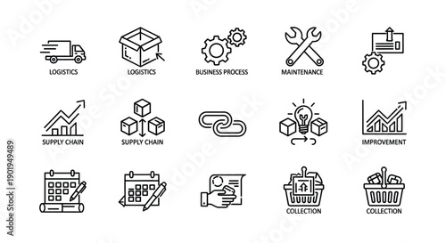 Line icons depicting logistics maintenance supply chain and business concepts