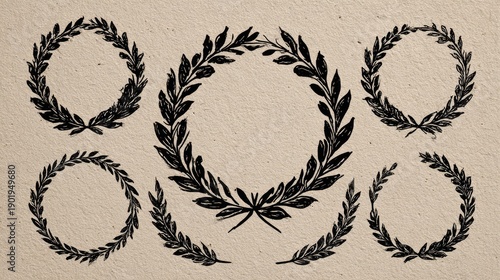 Vintage black silhouette laurel wreaths: circular foliate motifs for decorative emblems and branding accents