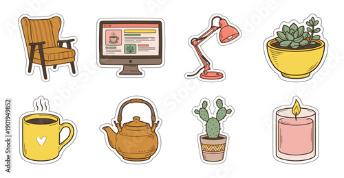 Cozy Home Office Sticker Set, Hand Drawn Vector Illustrations