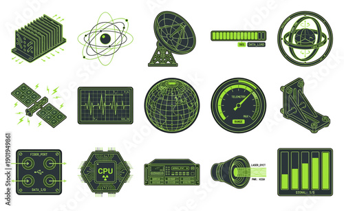 Green Isometric Technical Illustrations Asset Sheet for Aerospace Engineering and Sci-Fi Interface Design