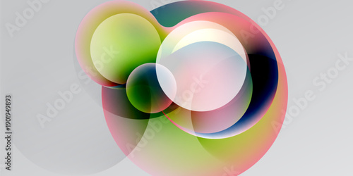 Abstract colorful circles overlap, creating dynamic visual effect. Soft gradients, translucent shapes suggest movement, depth. Modern design.