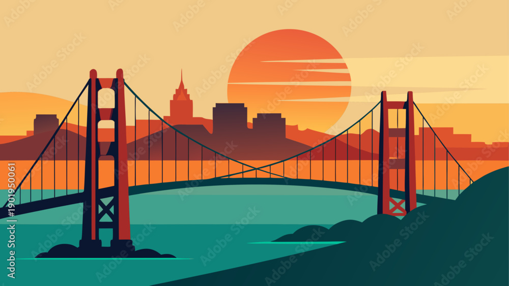 Fototapeta premium Golden gate bridge at sunset illustration
