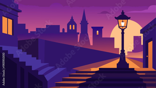 Cityscape with lamp and stairs at sunset