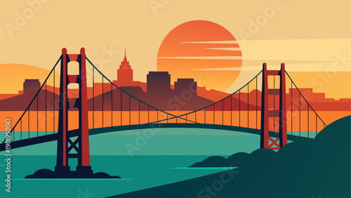 Golden gate bridge at sunset illustration