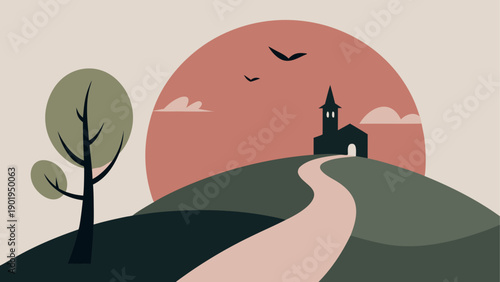Illustration of church on hill at sunset