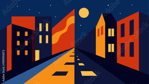 Cityscape at night with moon and stars