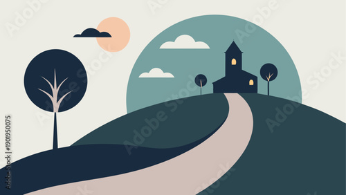 Illustration of a church on a hill at dusk