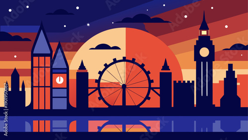 London skyline silhouette sunset reflection