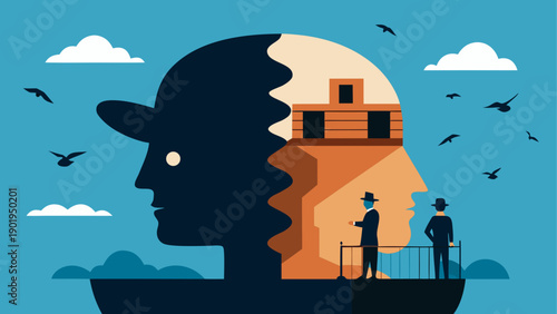 Dual face with building and men silhouette