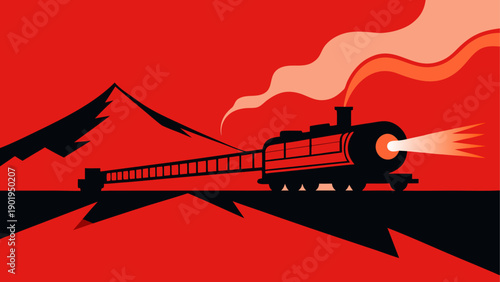 Train crossing bridge with mountain view