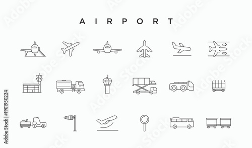Airport related 18 icons set thin line editable stroke. Set of linear icons about commercial airplane travel trips isolated on white. Outline airport life and services symbol icon sign collections