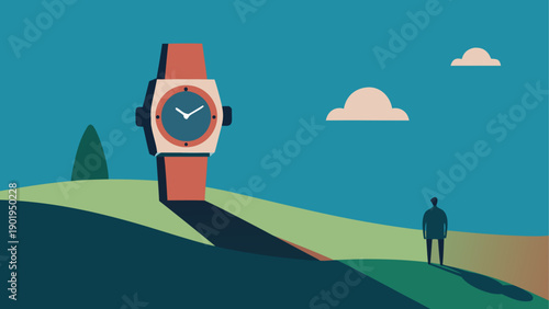 Oversized watch and man in a landscape view