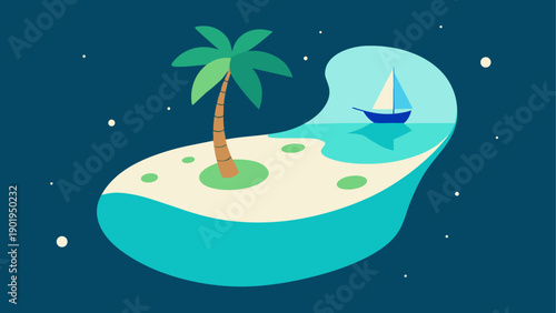 Island with palm tree and sailboat at night