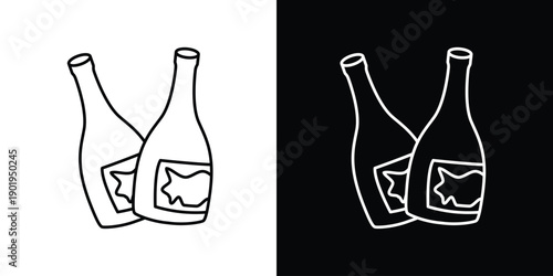 Versatile vector outline icon illustration featuring a duo of minimalist wine bottles, each with a distinctive stylized map label, designed for branding, beverage menus, and winery visuals