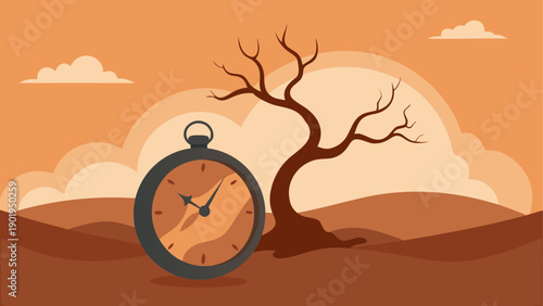 Clock and tree in a sepia toned landscape