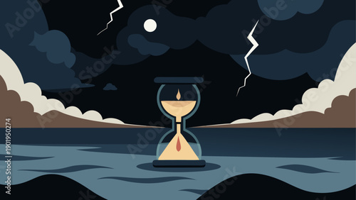 Hourglass at night with lightning strike