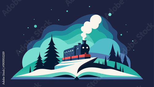 Train on book with trees and starry night