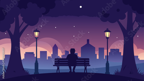 Man sitting on bench in city at night