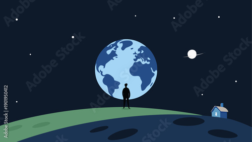 Silhouette gazing at earth from a planet