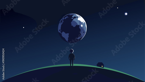 Person standing under a floating planetoid