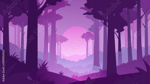 A purple forest with a pink sunset view