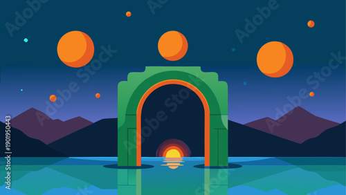Landscape with archway and floating orbs