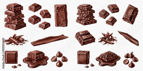 Set of chocolate pieces, bars, chips, and syrup, sweet dessert food collection.