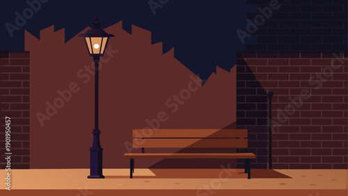 A bench and lamppost at night in the park