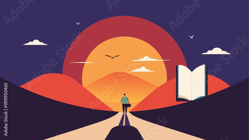 Person walking towards the sunset with book