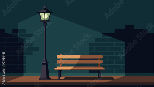 Street lamp and bench at night illustration