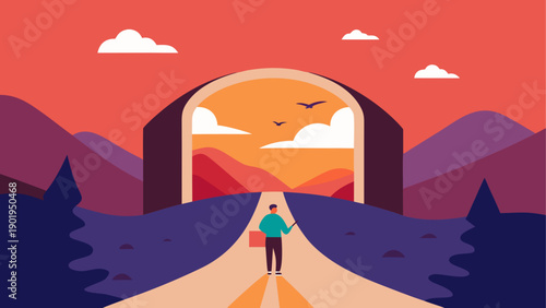 Man walking through archway to mountains