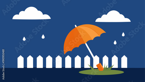 Orange umbrella in rain near white fence